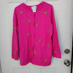 Pink and Green Cardigan Sweater with Palm Tree Accents